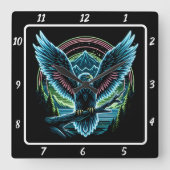Neon Eagle Skyline Quadratische Wanduhr (Vorderseite)