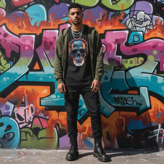 Neon Echo: Synthwave Gamer Skull Graphic T-Shirt