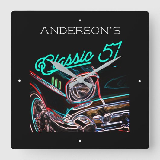 Neon Effect Chevy Classic 1957 Individuelle Name  Quadratische Wanduhr (Vorderseite)
