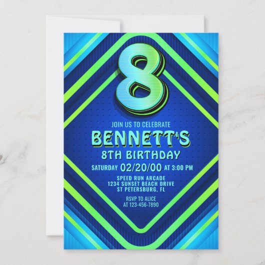 Neon Einladung zum 8. Geburtstag (Vorderseite)