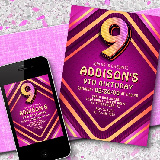 Neon Einladung zum 9. Geburtstag
