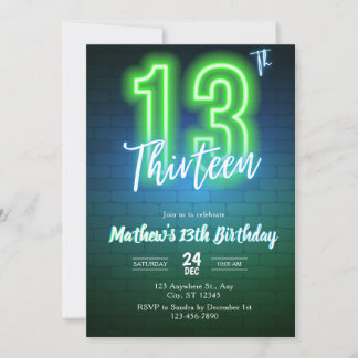 Neon-Einladung zum dreizehnten Geburtstag Einladung