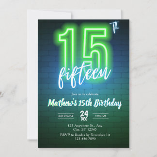 Neon-Einladung zum fünfzehnten Geburtstag Einladung