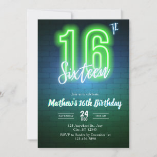 Neon-Einladung zum sechzehnten Geburtstag Einladung