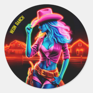 Neon Fantasy Cowgirl in glühender Rangliste Runder Aufkleber