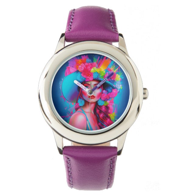 Neon Fantasy Floral Portrait Armbanduhr (Vorderseite)