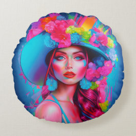 Neon Fantasy Floral Portrait Rundes Kissen