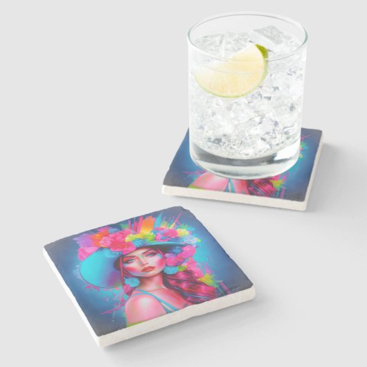 Neon Fantasy Floral Portrait Steinuntersetzer (Seitenansicht)