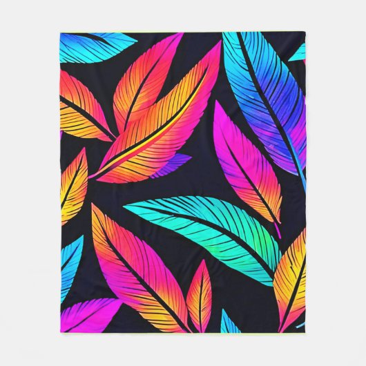 Neon Feather Pattern Die pulsierende Kunst Fleecedecke (Vorderseite)