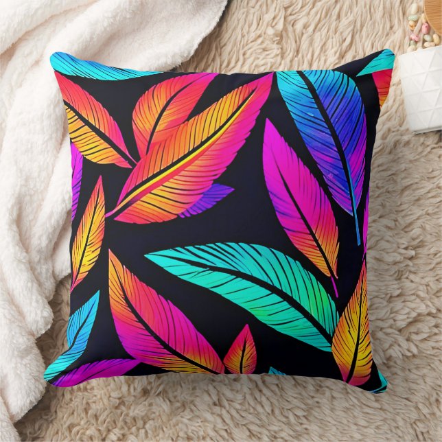 Neon Feather Pattern Die pulsierende Kunst Kissen (Decke)
