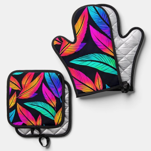 Neon Feather Pattern Die pulsierende Kunst Ofenhandschuh & Topflappen-Set (Vorderseite/Rückseite)