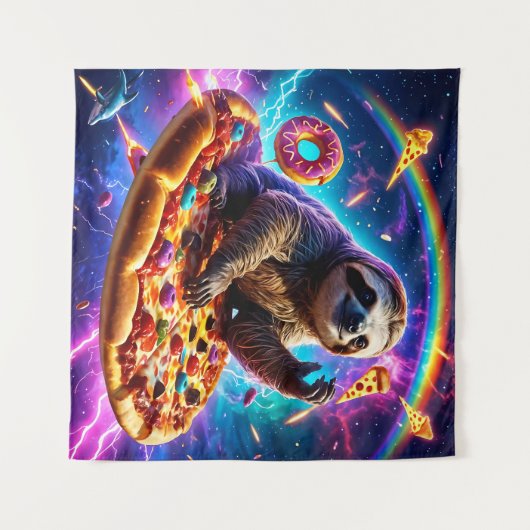 Neon Fire-Breathing Sloth in Cosmic Pizza Galaxy Wandteppich (Vorderseite (Horizontal))