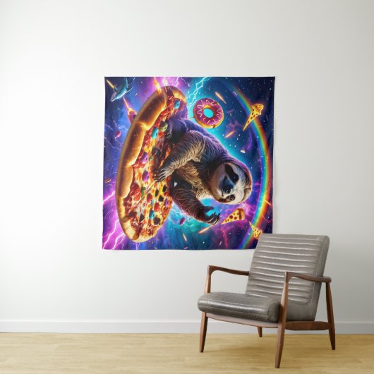 Neon Fire-Breathing Sloth in Cosmic Pizza Galaxy Wandteppich (Beispiel (Horizontal))