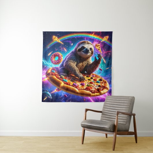 Neon Fire-Breathing Sloth in Cosmic Pizza Galaxy Wandteppich (Beispiel)