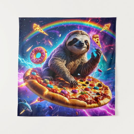 Neon Fire-Breathing Sloth in Cosmic Pizza Galaxy Wandteppich (Vorderseite)