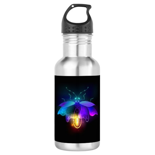 Neon Firefly auf schwarz Edelstahlflasche (Vorderseite)