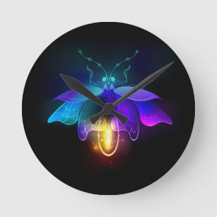 Neon Firefly auf schwarz Runde Wanduhr