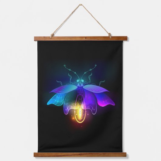 Neon Firefly auf schwarz Wandteppich Mit Holzrahmen (Vorderseite)