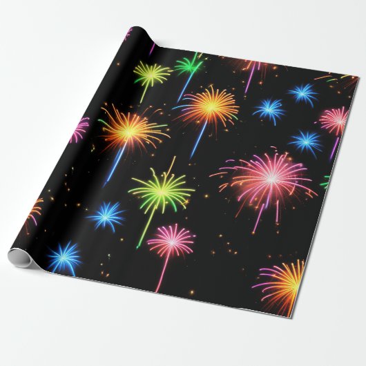Neon Fireworks on Black Geschenkpapier (Ungerollt)
