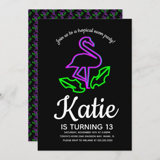 Neon Flamingo Glow Party Tropical Teen Einladung (Vorne/Hinten)