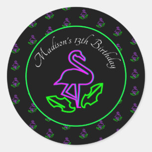 Neon-Flamingo-Glow-Party-Tropisches-Rosa-Geschenk Runder Aufkleber