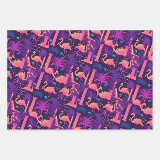 Neon Flamingo Palm Trees Vaporwave Ästhetisch Geschenkpapier Set (Vorderseite 2)