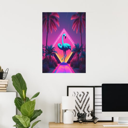 Neon Flamingo Palm Trees Vaporwave Ästhetisch Poster (Heimbüro)
