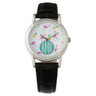 Neon Flamingos Monogramm Armbanduhr
