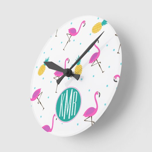 Neon Flamingos | Monogramm Runde Wanduhr (Winkel)