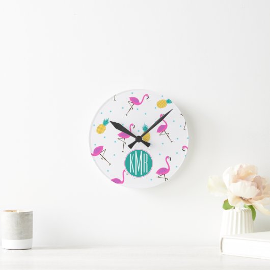 Neon Flamingos | Monogramm Runde Wanduhr (Zuhause)