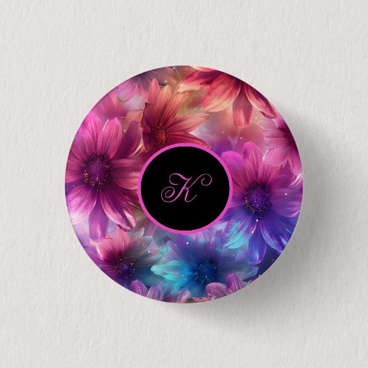 Neon Floral Muster mit Monogramm Button (Vorderseite)