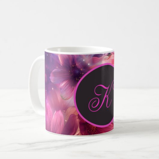 Neon Floral Muster mit Monogramm Kaffeetasse (Vorderseite Links)