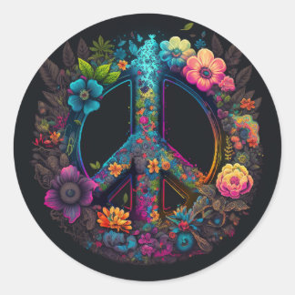 Neon Floral Peace Sign Runder Aufkleber