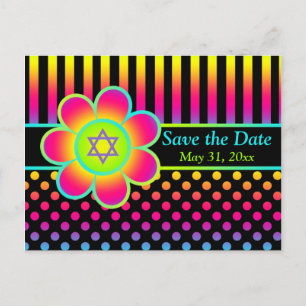 Neon Floral Stripes Bat Mitzvah Save the Date Card Ankündigungspostkarte