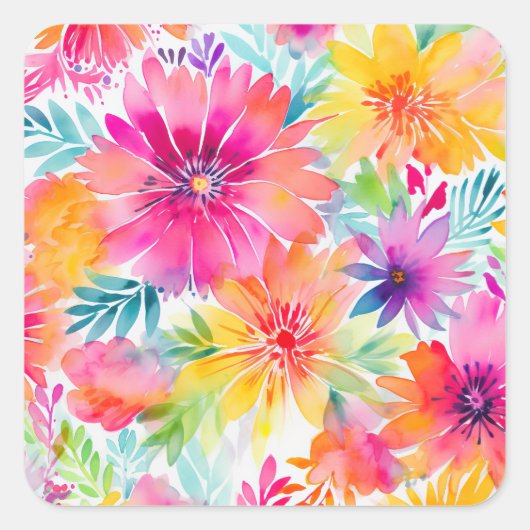 Neon Floral Watercolor Party Quadratischer Aufkleber (Vorderseite)