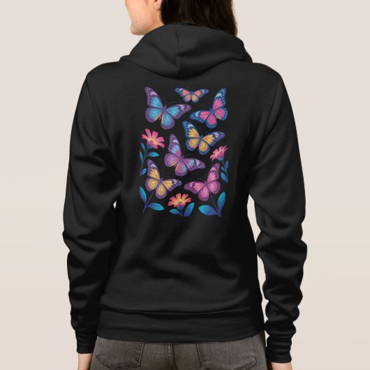 Neon Flowers with Six Glowing Butterflies Hoodie (Rückseite)