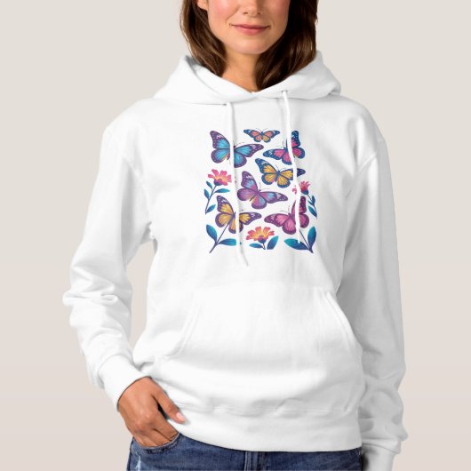 Neon Flowers with Six Glowing Butterflies Hoodie (Vorderseite)