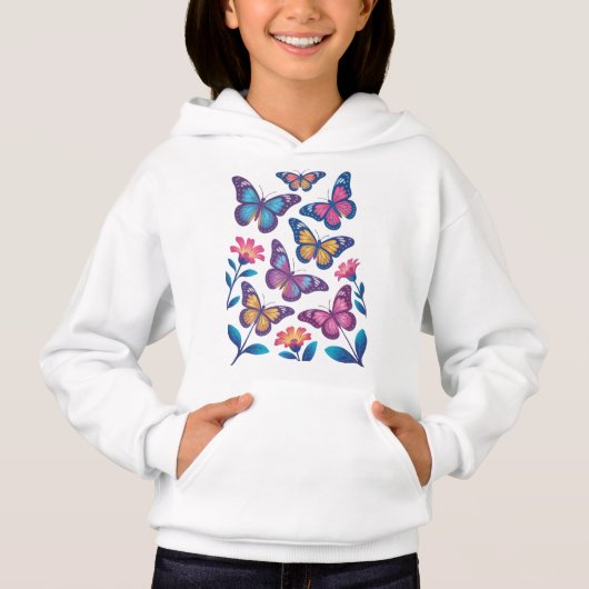 Neon Flowers with Six Glowing Butterflies Hoodie (Vorderseite)
