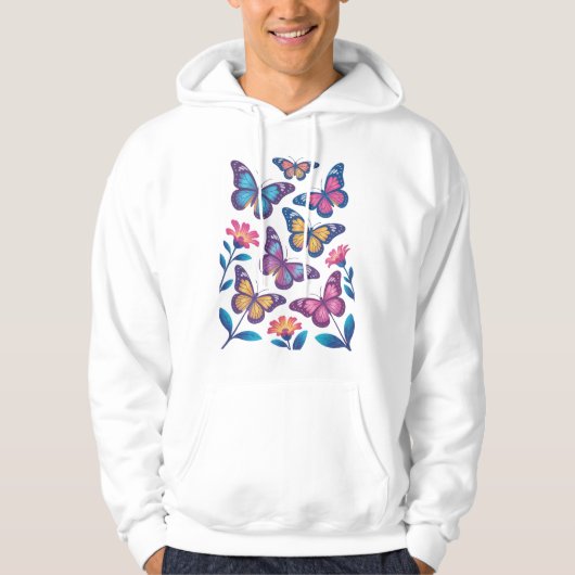 Neon Flowers with Six Glowing Butterflies Hoodie (Vorderseite)