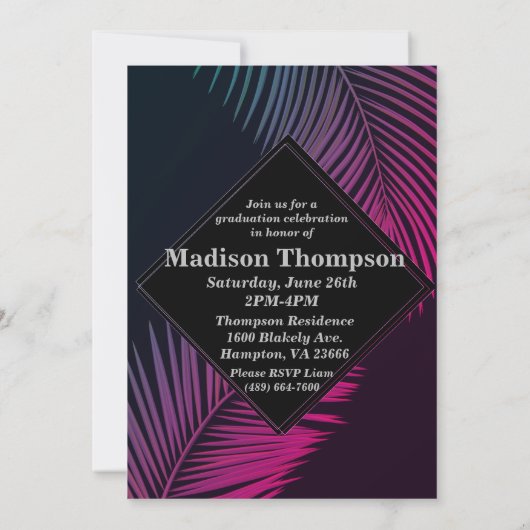 Neon Fluorescent Tropical Abschluss Einladung (Rückseite)