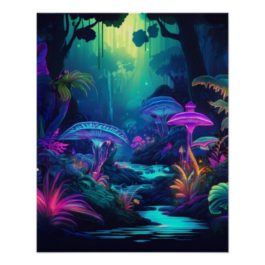 Neon Forest and Glow Mushrooms Fantasy Art Poster (Vorderseite)