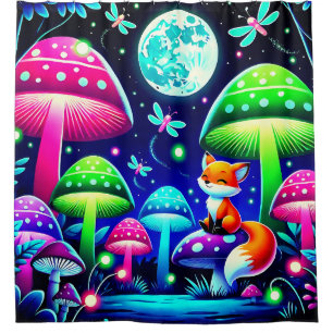 Neon Forest Fantasy mit Fox und Fireflies Duschvorhang