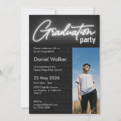 Neon Foto Graduierungsparty in Schwarzweiß Einladung (Vorderseite)