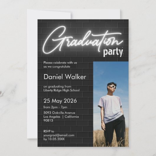 Neon Foto Graduierungsparty in Schwarzweiß Einladung (Vorderseite)