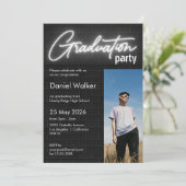 Neon Foto Graduierungsparty in Schwarzweiß Einladung (Stehend Vorderseite)