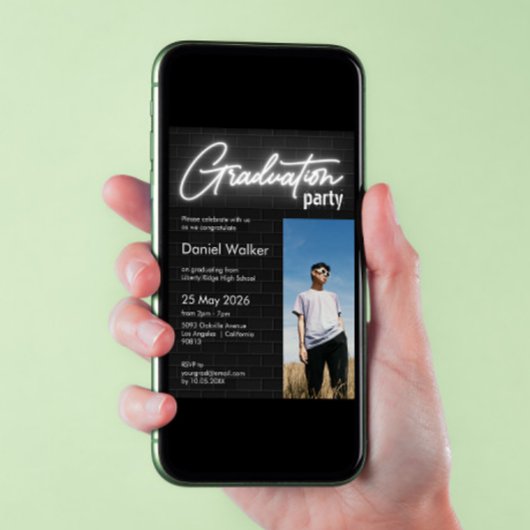 Neon Foto Graduierungsparty in Schwarzweiß Einladung