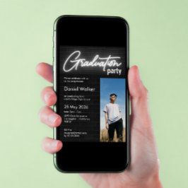 Neon Foto Graduierungsparty in Schwarzweiß Einladung