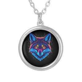 Neon Fox Face – Vibrant Glowing Design Versilberte Kette