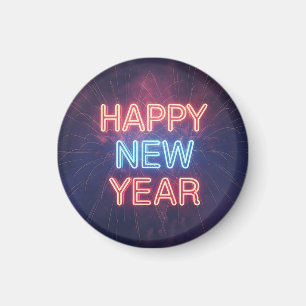 Neon-"Frohes Neues Jahr"-Typografie mit Feuerwerk Magnet