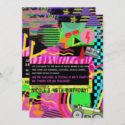 Neon Fun Bright Bold Party von Funky 80 Einladung (Vorne/Hinten)